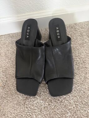 Aqua Black Square Toe Leather Slide Mules Block Heel 9